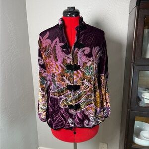 Vintage Aria.A Silk Velvet Burnout Asian Floral Jacket Top M Purple Multicolor